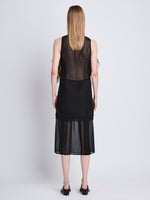 Back full length image of model wearing Zaha Dress In Embroidered Metallic Silk in BLACK MULTI