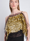 Detail image of model wearing Zaha Dress In Embroidered Metallic Silk in BLACK MULTI