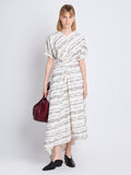 Front full length image of model wearing Vivienne Asymmetrical Dress in WHITE MULTI