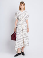 Front full length image of model wearing Vivienne Asymmetrical Dress in WHITE MULTI
