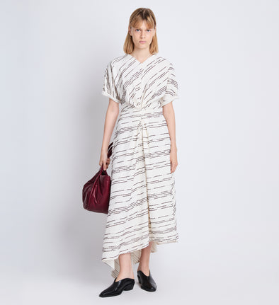 Front full length image of model wearing Vivienne Asymmetrical Dress in WHITE MULTI