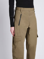 Detail image of model wearing Jackson Cargo Pant In Cotton Twill in DARK KHAKI