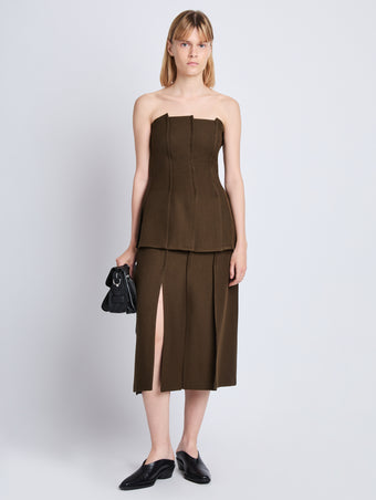 Front full length image of model wearing Diane Skirt in DARK LODEN