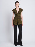 Front full length image of model wearing Stella Top in OLIVE MULTI