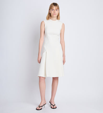 Front full length image of model wearing Kara Dress in ECRU