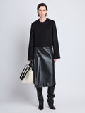 Front full length image of model wearing Brigdet Cropped Jacket with Leather Collar in BLACK