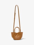 Front image of Extra Small Ruched Tote in COGNAC with strap extended