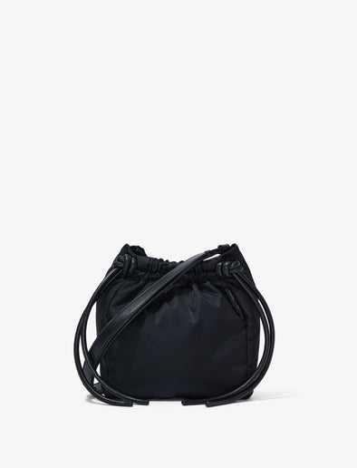 Front image of Nylon Drawstring Pouch in BLACK with strap down