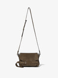 Front image of Suede Beacon Bag in TEAK with strap extended