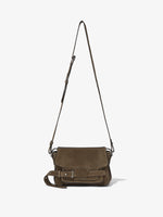 Front image of Suede Beacon Bag in TEAK with strap extended