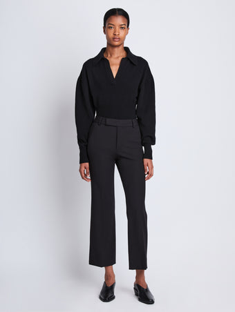 Front image of model wearing Marlene Pant in Tropical Wool in black