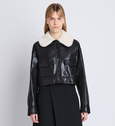 Cropped front image of model in Judd Jacket With Shearling Collar In Leather in black