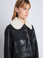 Detail image of model in Judd Jacket With Shearling Collar In Leather in black