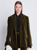 Cropped front image of model wearing Nico Jacket In Velvet Suiting in olive