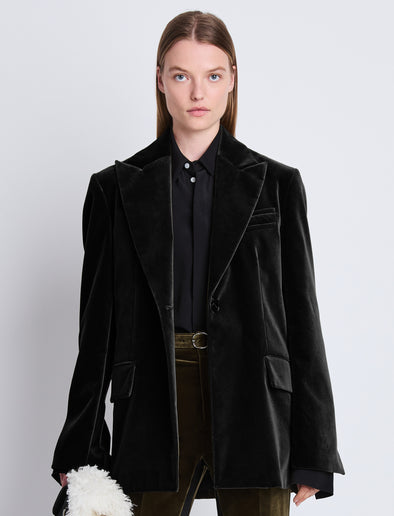 Cropped front image of model in Nico Jacket In Velvet Suiting in black
