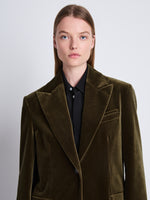 Detail image of model wearing Nico Jacket In Velvet Suiting in olive