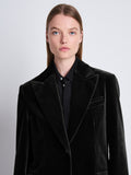 Detail image of model in Nico Jacket In Velvet Suiting in black