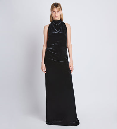 Front image of model wearing Faye Backless Twist Back Dress In Velvet in black
