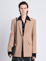 Front cropped image of model wearing Laurie Jacket in KHAKI MELANGE