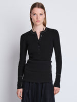 Front cropped image of model wearing Agnes Henley Sweater in BLACK