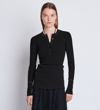 Front cropped image of model wearing Agnes Henley Sweater in BLACK