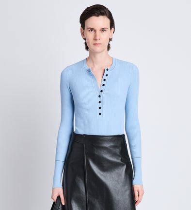 Front cropped image of model wearing Agnes Henley Sweater in LIGHT BLUE