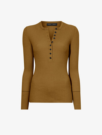 Flat image of Agnes Henley Sweater In Eco Superfine Merino in tobacco