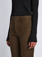 Detail image of model wearing Barbara Pant In Textured Wool Twill in DARK LODEN