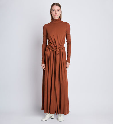 Front full length image of model wearing Meret Dress in TOBACCO