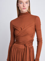 Detail image of model wearing Meret Dress in TOBACCO