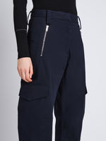 Detail image of model wearing Jackson Cargo Pant In Cotton Twill in NAVY