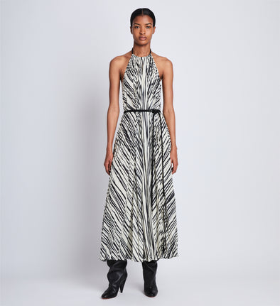 Front full length image of model wearing Frida Halter Dress In Printed Sheer Pleated Chiffo in ECRU MULTI