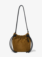 Front image of Nylon Drawstring Pouch in FATIGUE with strap extended