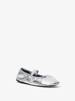 Front 3/4  view of Glove Mary Jane Metallic Ballet Flats in silver
