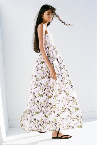 Proenza Schouler Editorial image of model wearing Virella Dress in Printed Cotton in Orchid Multi