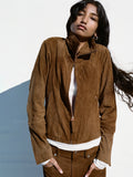 Proenza Schouler Front image of model wearing Tarin Jacket in Crinkled Suede in Tobacco