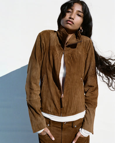 Proenza Schouler Front image of model wearing Tarin Jacket in Crinkled Suede in Tobacco