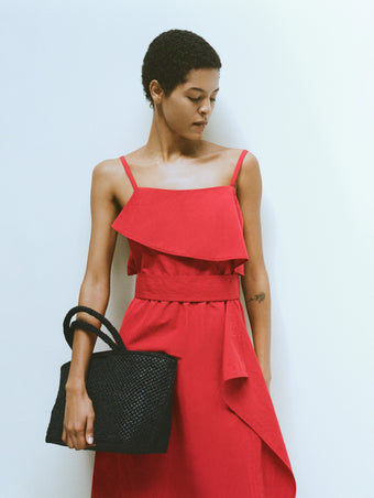 Proenza Schouler Editorial Image of model wearing Reign Dress in Washed Cotton in Brick