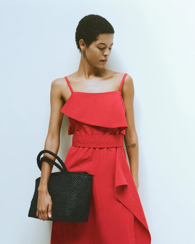 Proenza Schouler Editorial Image of model wearing Reign Dress in Washed Cotton in Brick