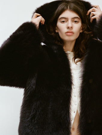 Proenza Schouler White Label Campaign image of Michelle Hooded Jacket in Shearling in Coffee