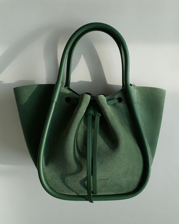 Image of Small Ruched Tote in Soft Suede Patina on white background