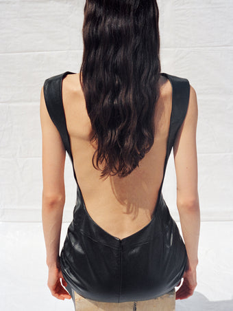 Cropped image of model's back, wearing Backless Leather Dress in black