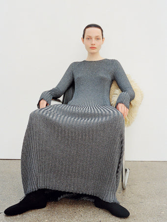 Image of model wearing Joni Dress in Metallic Rib in silver