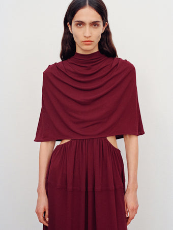 Cropped image of model wearing Frankie Dress in Matte Jersey in oxblood