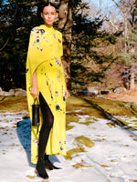 Proenza Schouler Front full length editorial image of model wearing Ysabelle Dress In Printed Silk Viscose in Yellow Multi