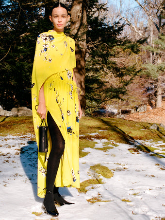 Proenza Schouler Front full length editorial image of model wearing Ysabelle Dress In Printed Silk Viscose in Yellow Multi