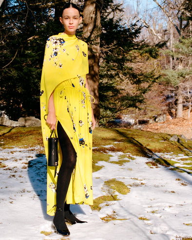 Proenza Schouler Front full length editorial image of model wearing Ysabelle Dress In Printed Silk Viscose in Yellow Multi