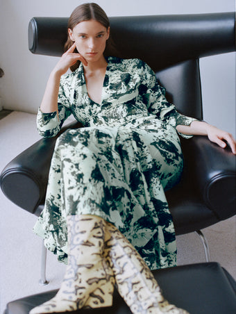 Proenza Schouler image of model wearing Adela Top in Printed Silk Viscose in Dark Green Multi