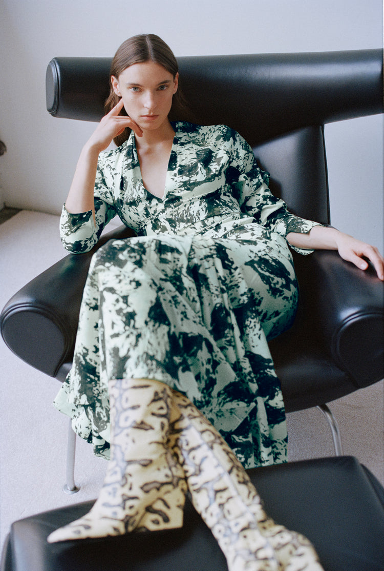 Proenza Schouler image of model wearing Adela Top in Printed Silk Viscose in Dark Green Multi
