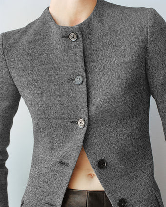 Cropped in detail image of model wearing the Annemarie blazer